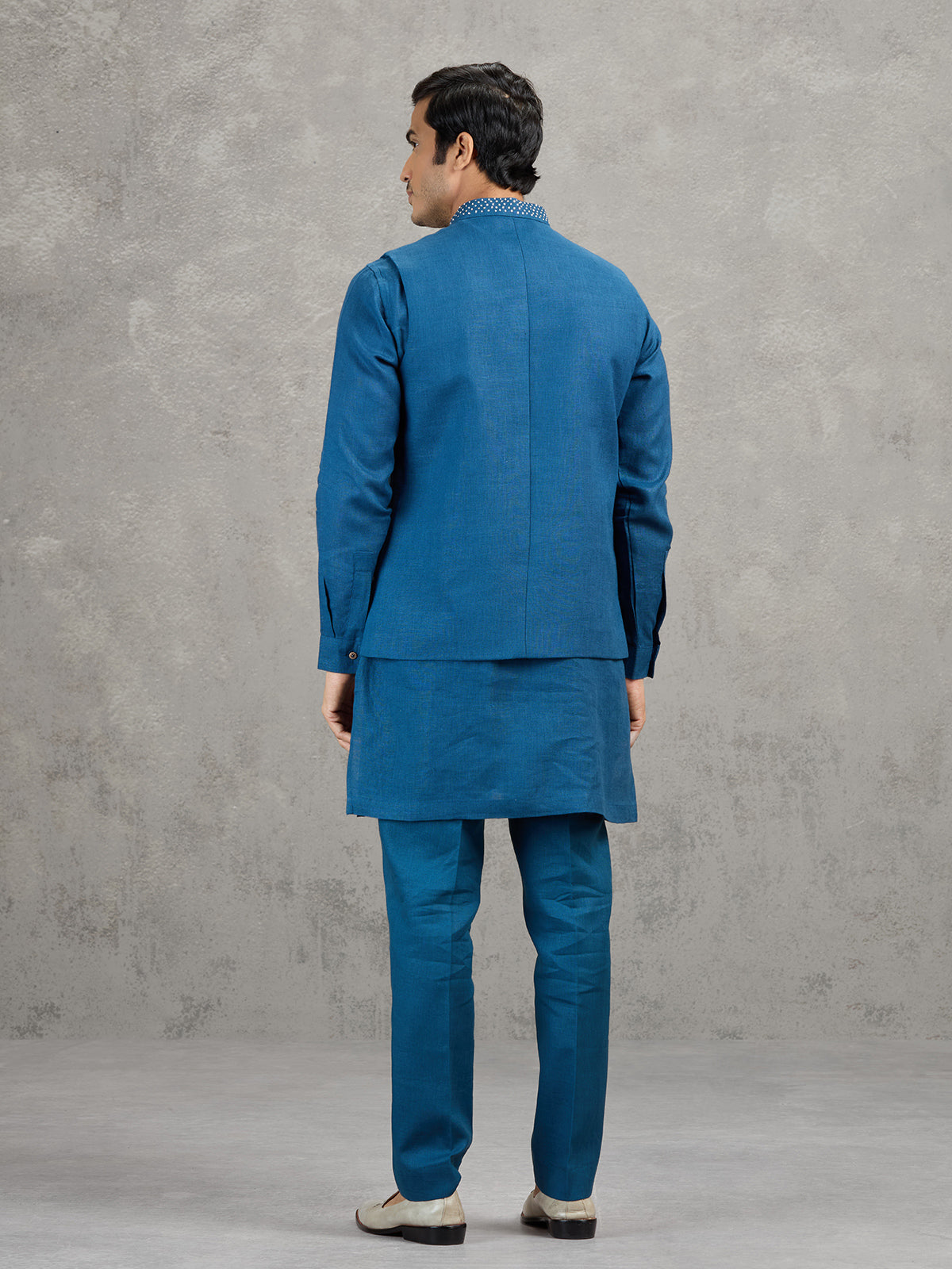 Teal blue reception wear linen waistcoat set