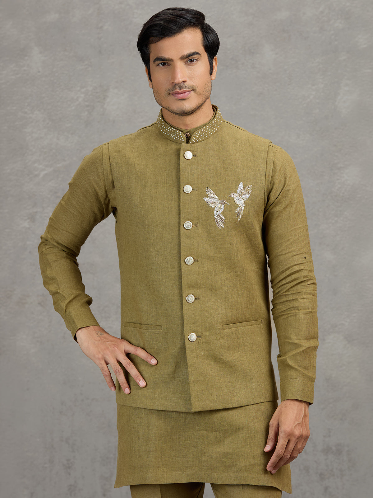 Mehendi green festive linen waistcoat set