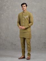 Mehendi green festive linen waistcoat set