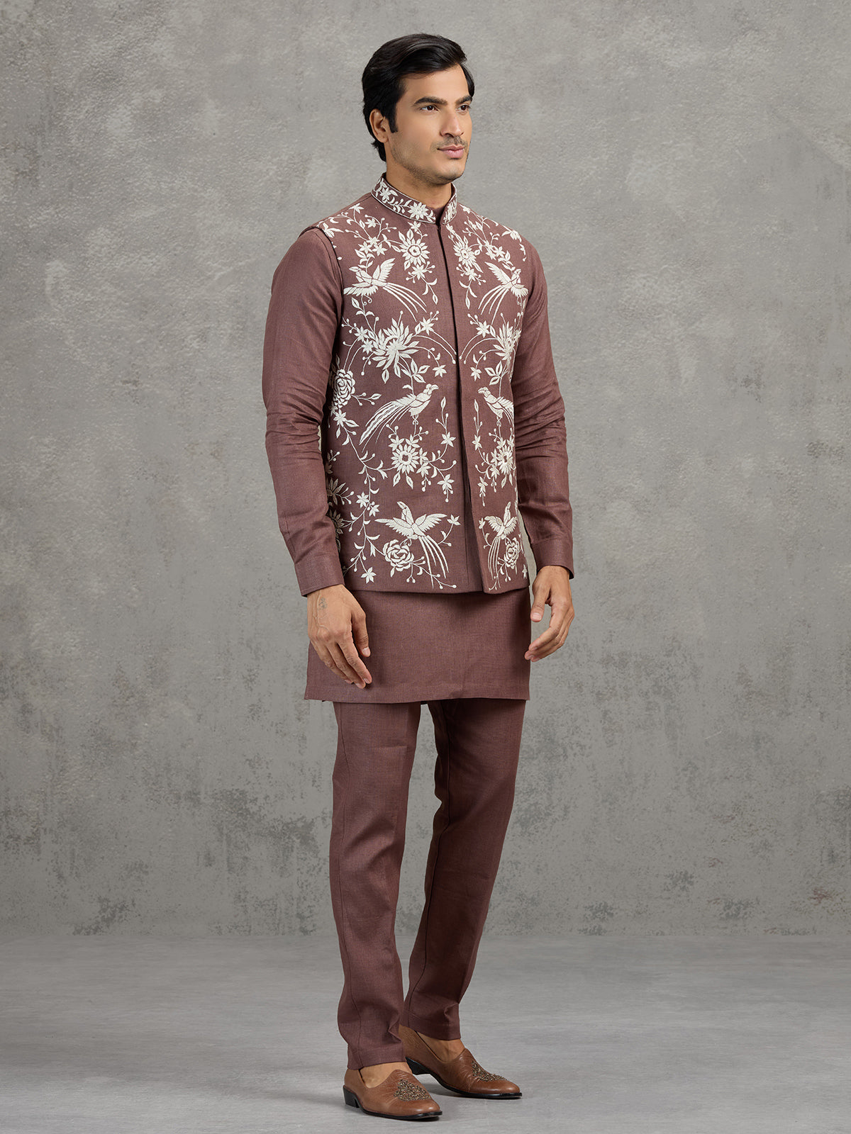 Light brown embroidered linen waistcoat set