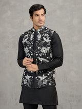 Black linen waistcoat set with intricate resham embroidery