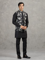 Black linen waistcoat set with intricate resham embroidery