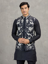 Navy linen waistcoat set with detailed resham work