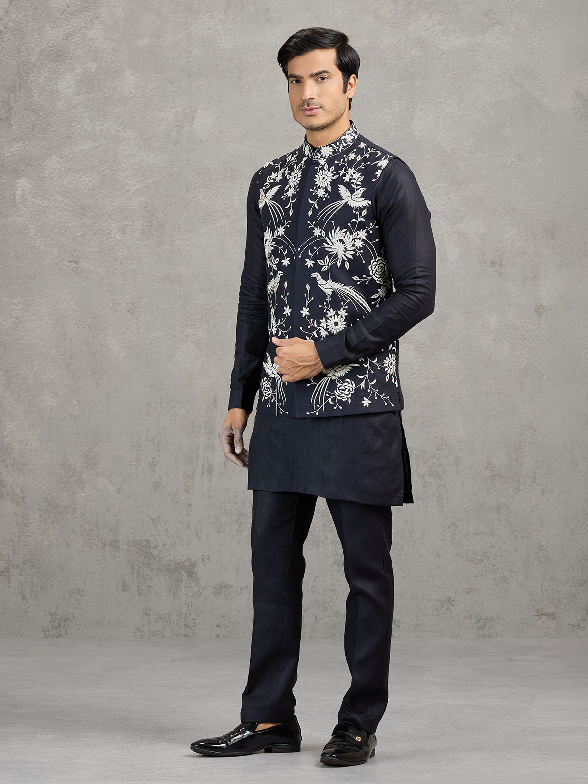 Navy linen waistcoat set with detailed resham work