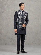 Navy linen waistcoat set with detailed resham work