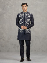 Navy linen waistcoat set with detailed resham work