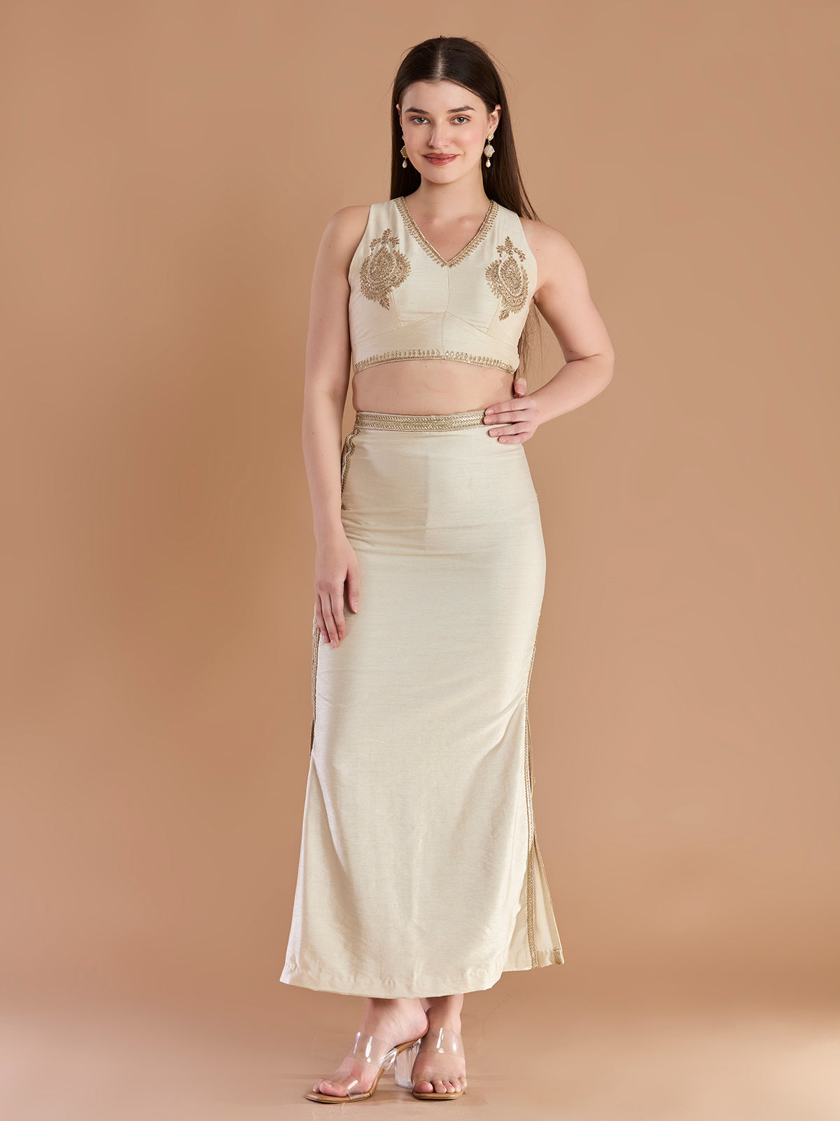 Ivory silk indo western trending lehenga maxi silhouette