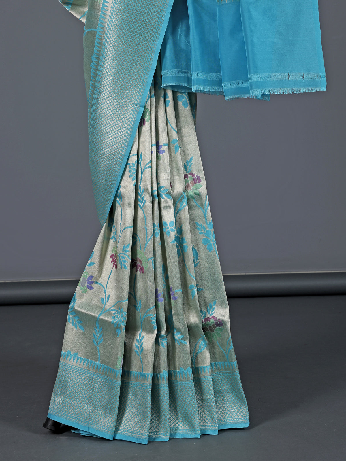 Aqua blue pure banarasi silk zari border festive saree