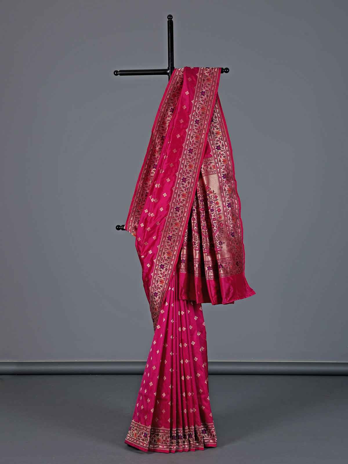 Rani pink pure banarasi silk floral bird festive saree