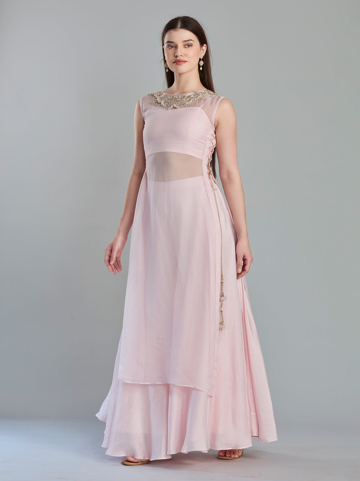 Charming blush pink organza designer kurti palazzo set