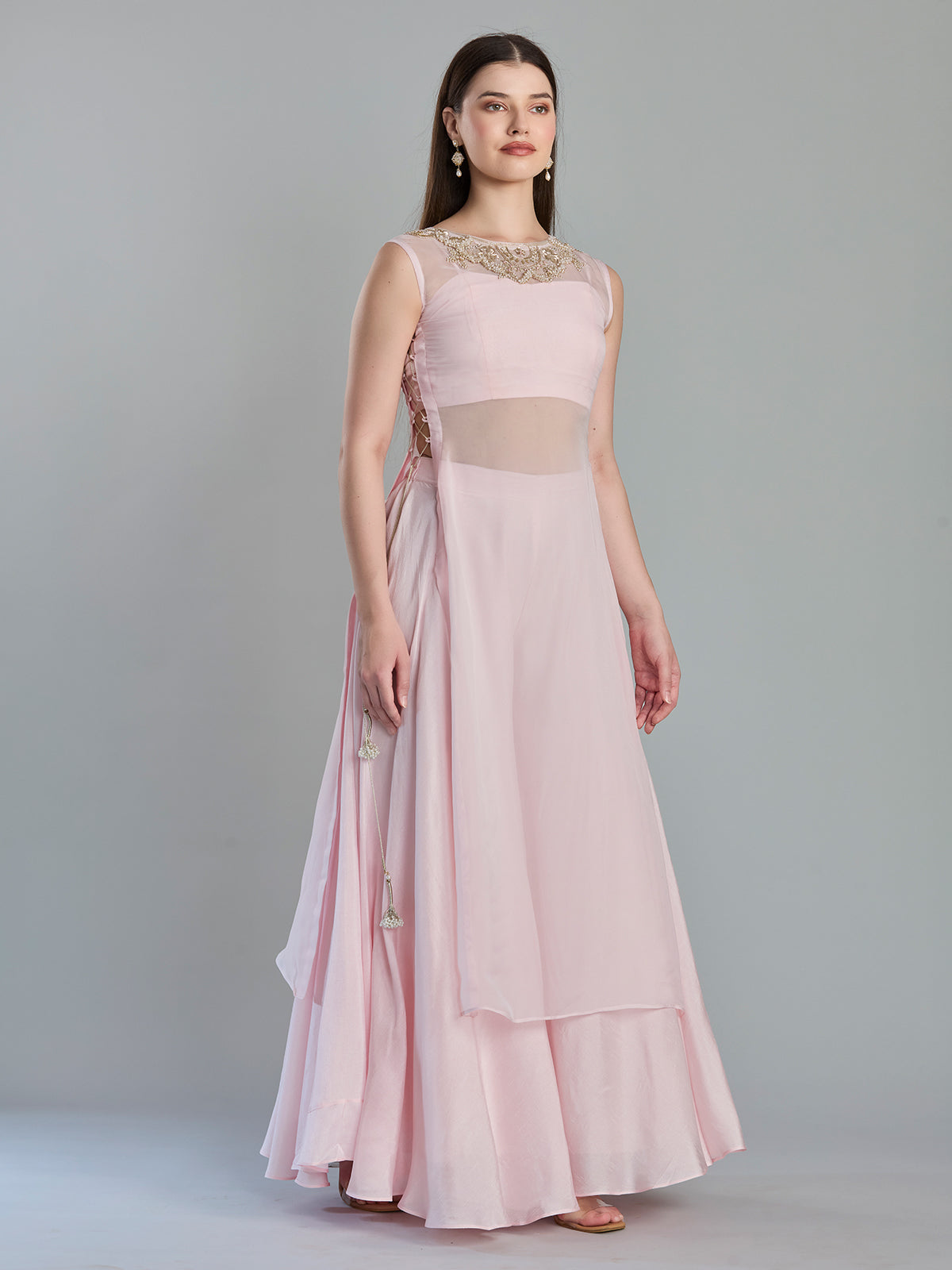 Charming blush pink organza designer kurti palazzo set