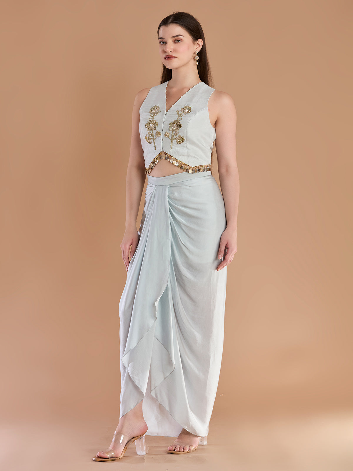 Stylish ivory satin silk indo western drape dhoti set