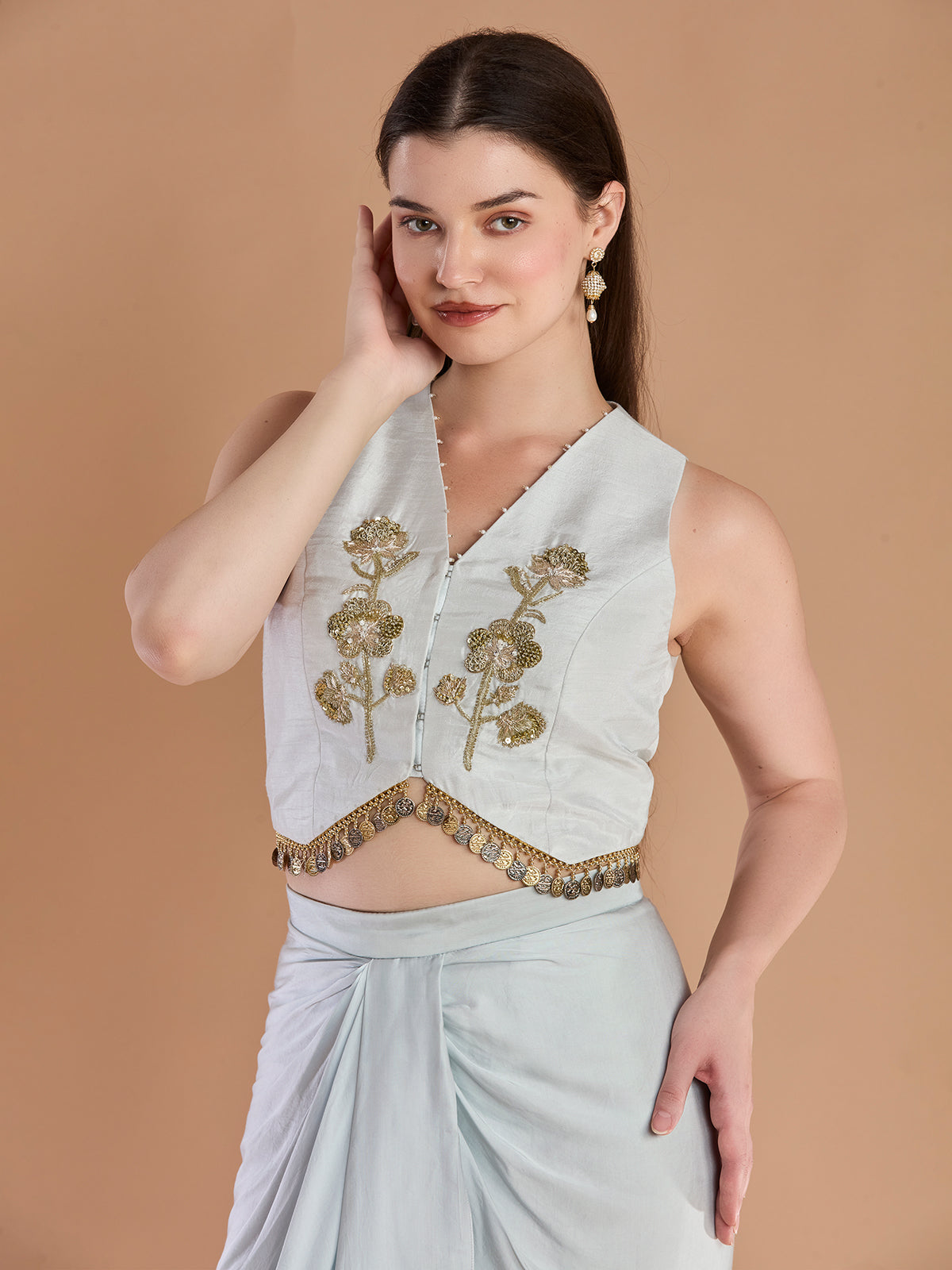 Stylish ivory satin silk indo western drape dhoti set