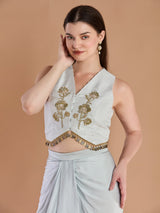 Stylish ivory satin silk indo western drape dhoti set