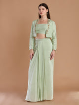 Modern sage green crepe designer jacket skirt ensemble