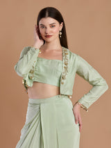 Modern sage green crepe designer jacket skirt ensemble