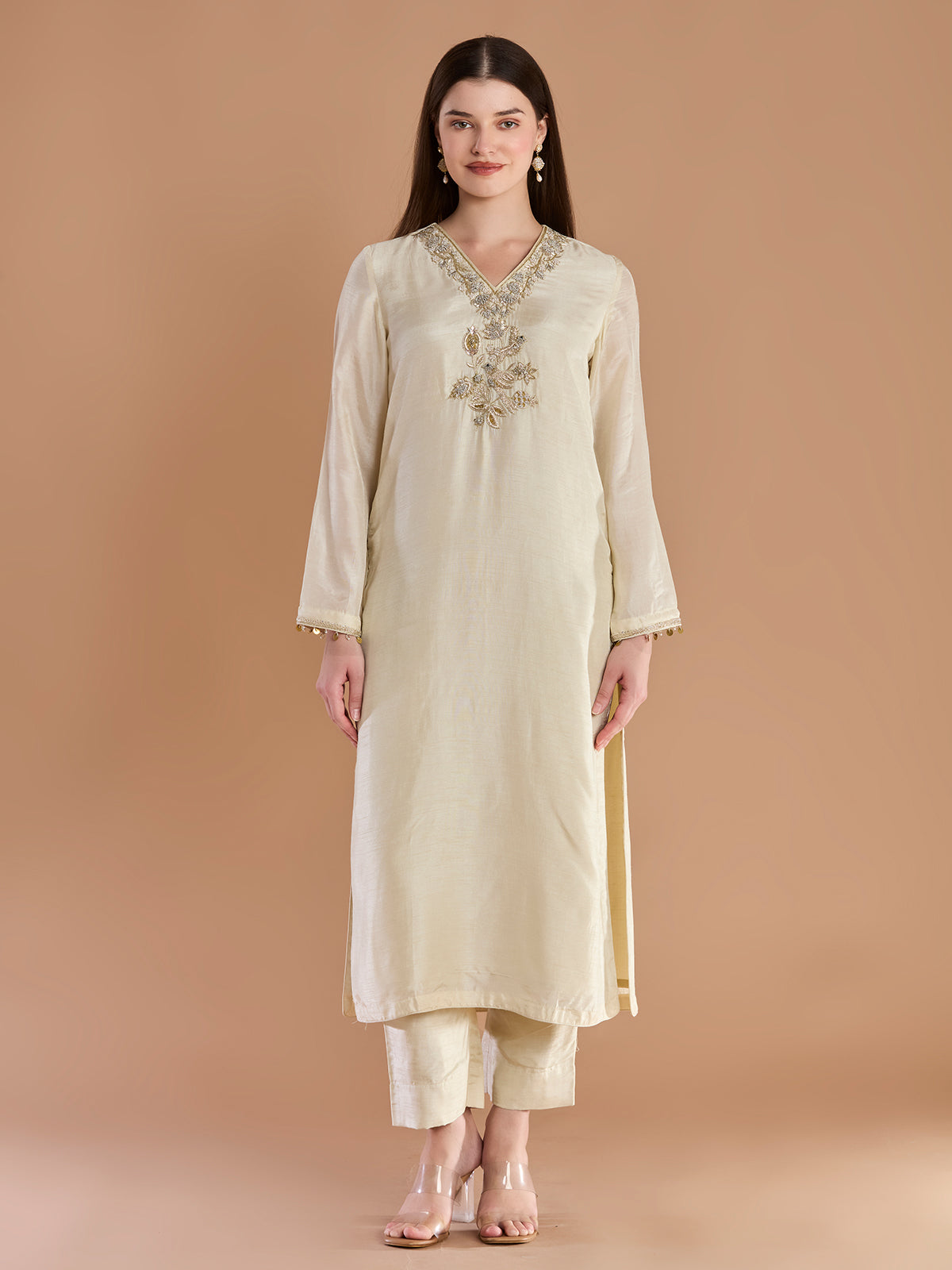 Classic ivory chanderi straight cut suit with dupatta