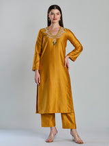Vibrant mustard russian silk straight cut festive suit