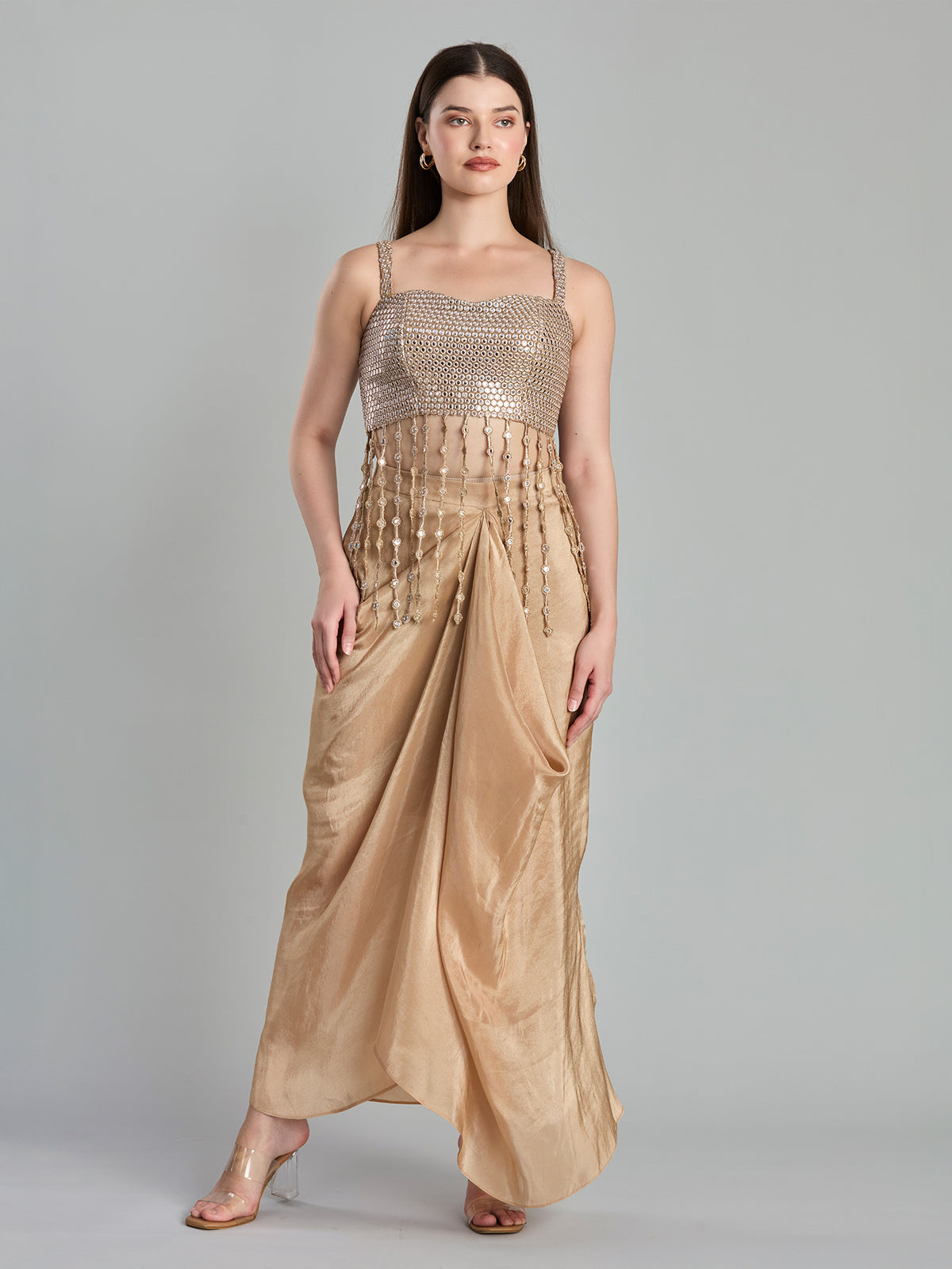 Chic beige satin georgette indo western drape skirt set