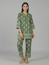 Mehendi green cotton floral printed casual co ord set
