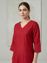 Red tone on tone embroidered cotton silk kurti