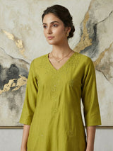 Parrot green tone on tone embroidered cotton silk kurti