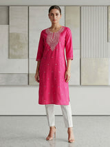 Rani pink white embroidered cotton silk kurti