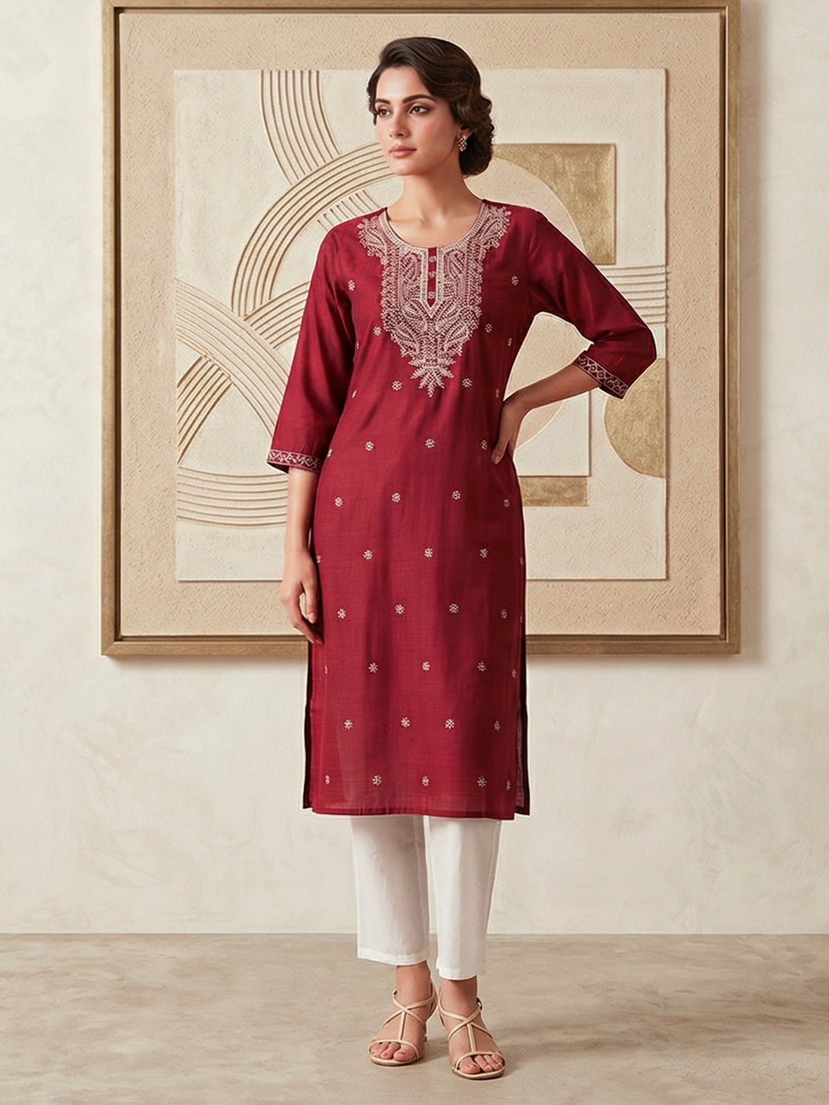 Maroon white chikankari cotton silk kurti with floral buttas