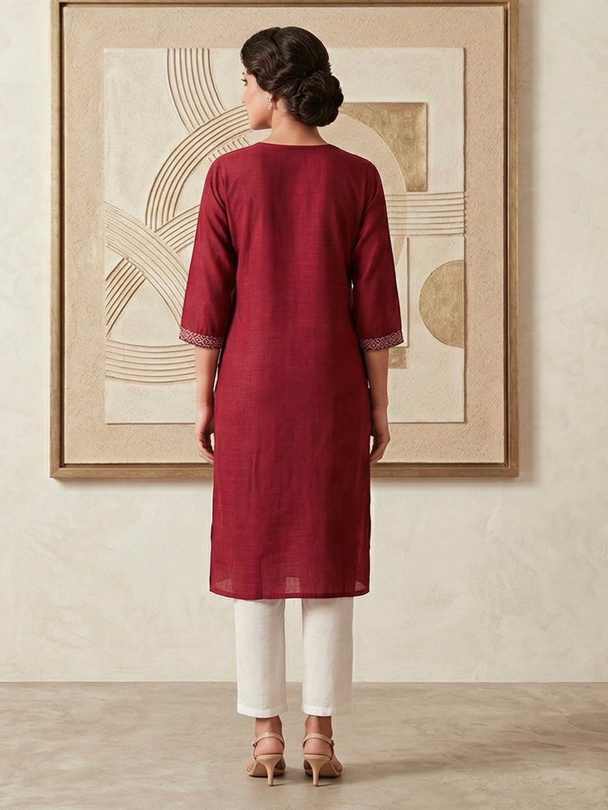 Maroon white chikankari cotton silk kurti with floral buttas