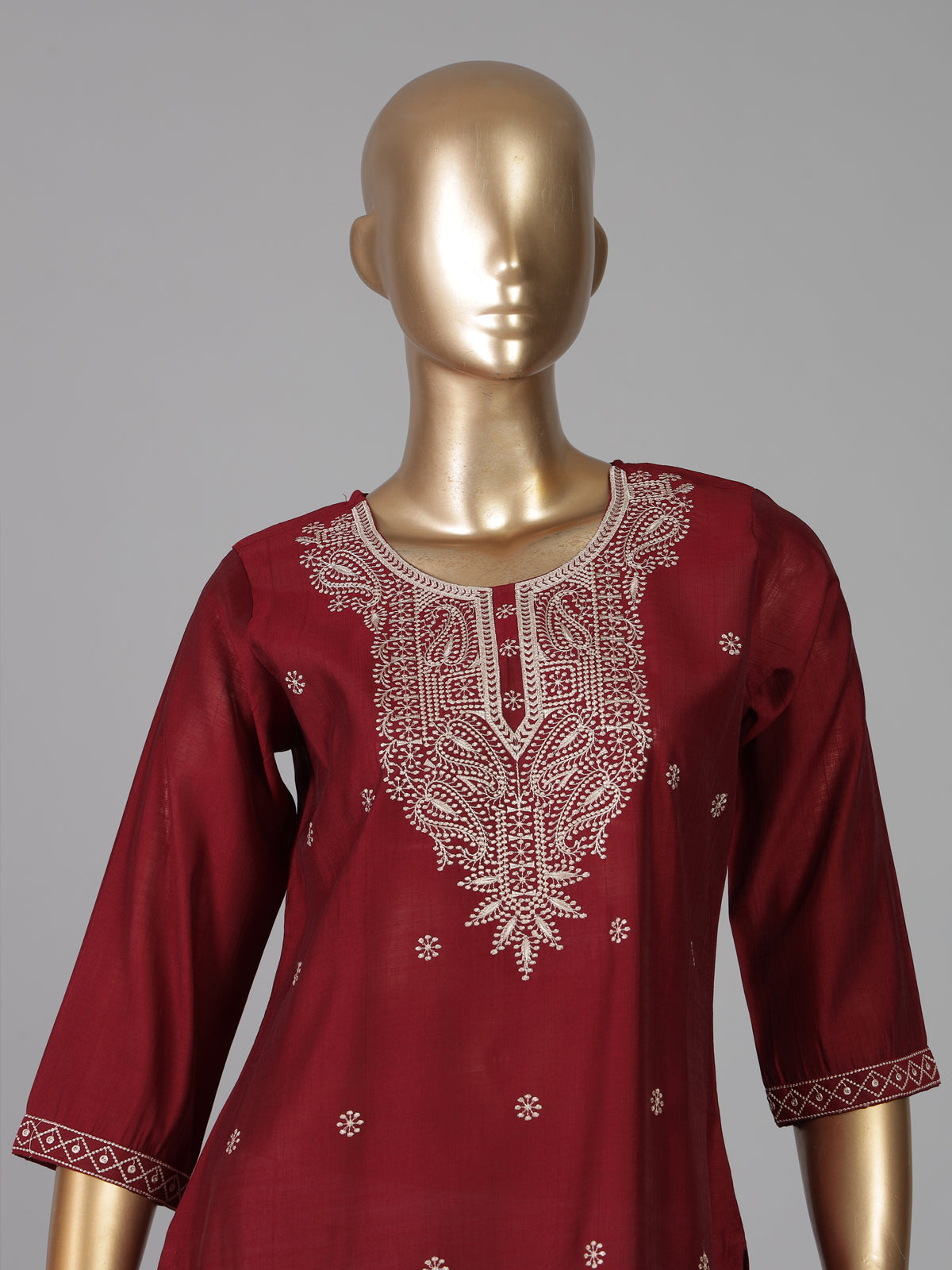 Maroon white chikankari cotton silk kurti with floral buttas