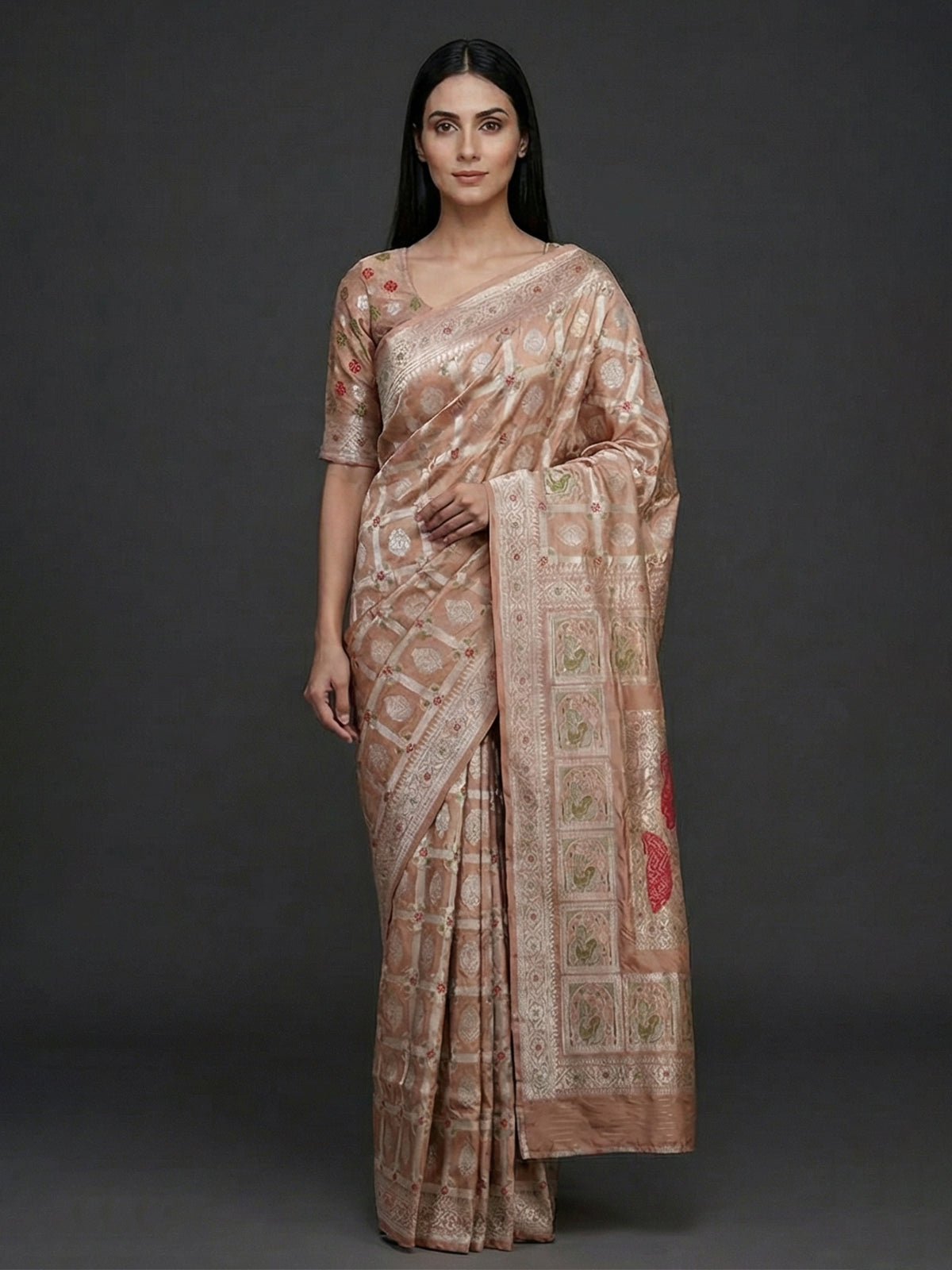 Peach pure banarasi silk checkered saree