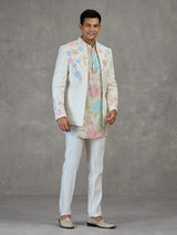 Cream silk reception wear Indowestern ensemble