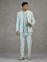 Sky blue silk Indowestern set for reception wear
