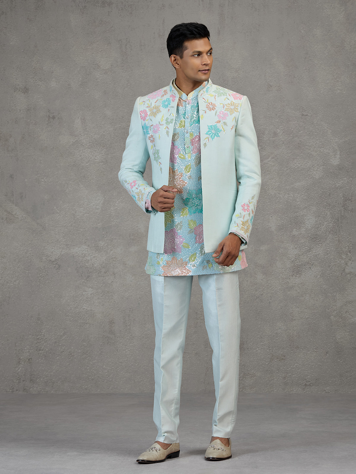 Sky blue silk Indowestern set for reception wear
