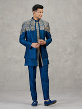 Dark blue silk Indowestern set with mirror work