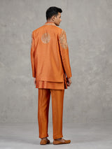 Orange silk wedding wear Indowestern set with mirror work