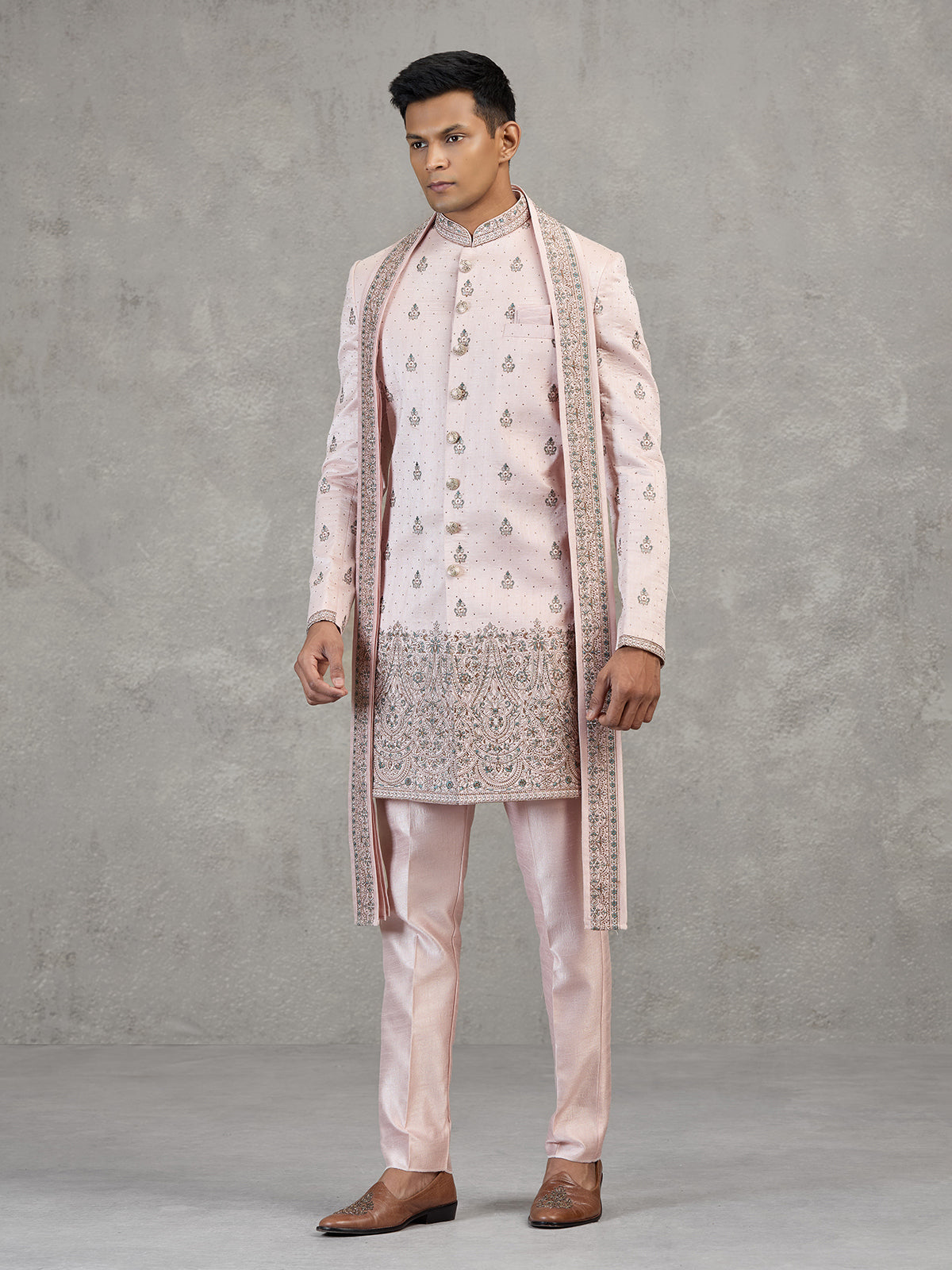 Light pink silk Indowestern set with dupatta