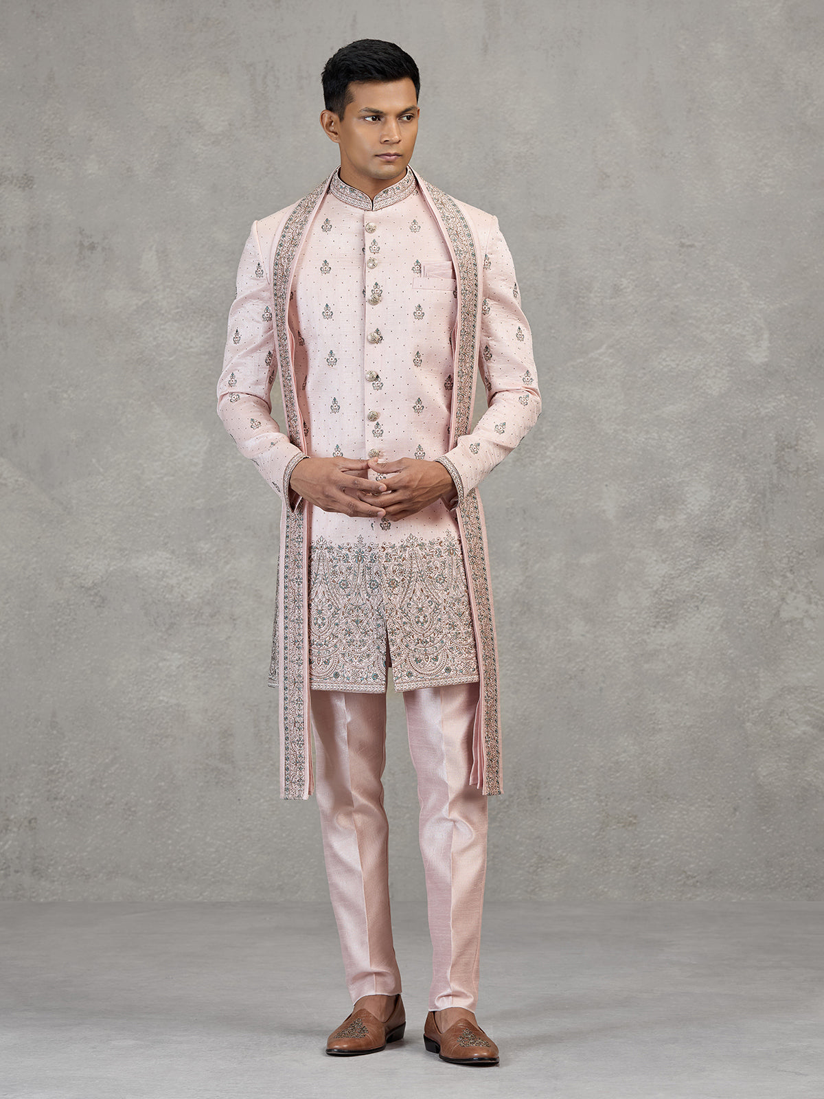 Light pink silk Indowestern set with dupatta