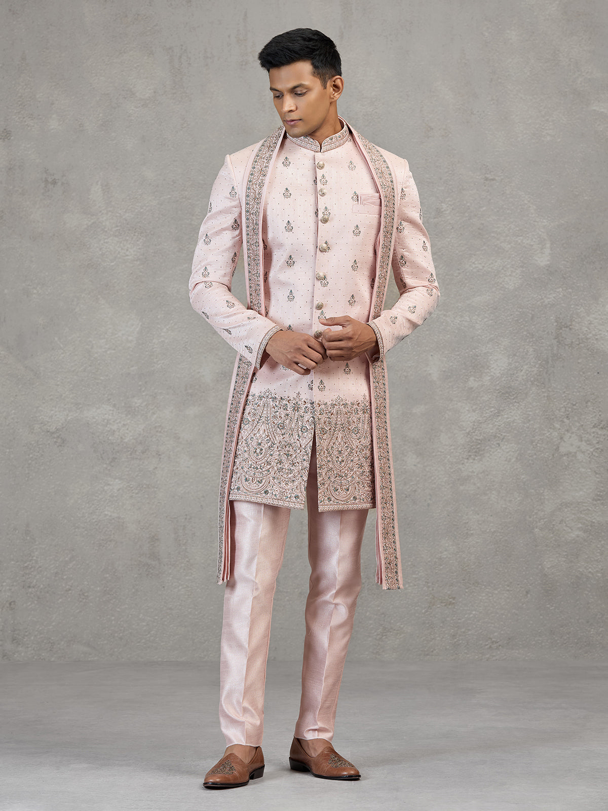 Light pink silk Indowestern set with dupatta