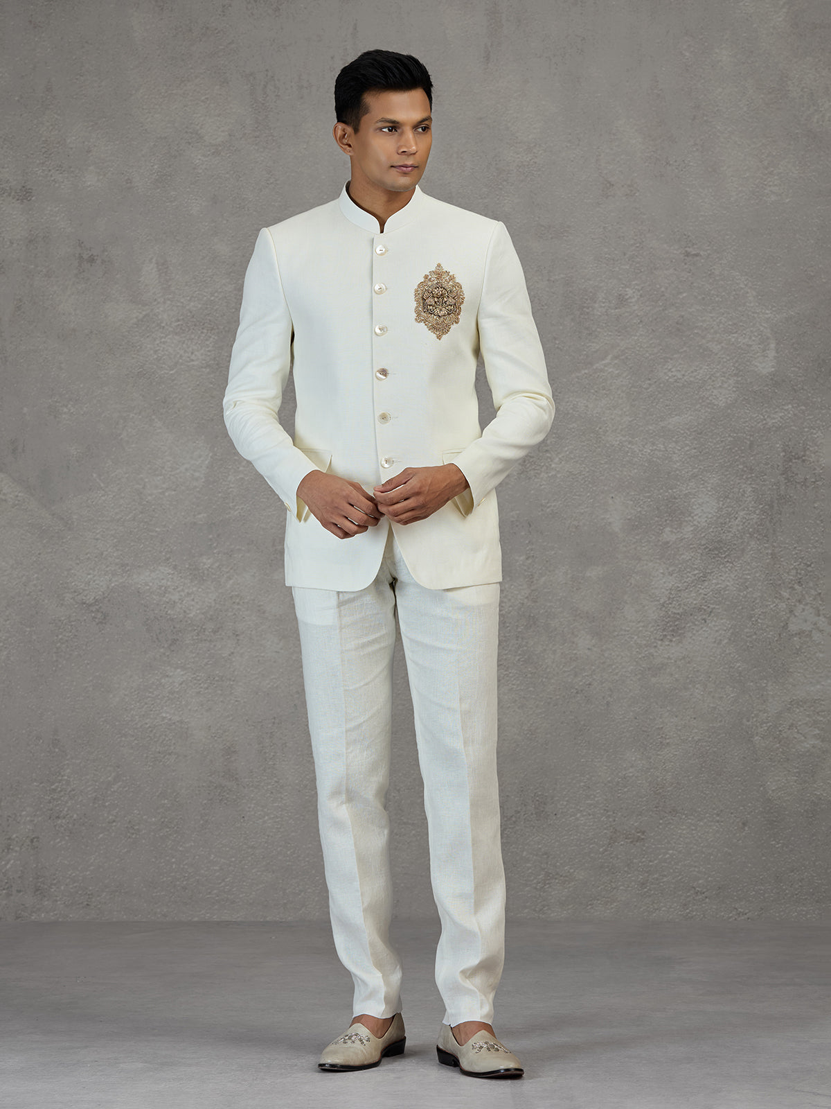 Ivory white wedding jodhpuri suit with metallic detailing