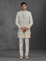 Beige and gold silk jacquard Indowestern set with intricate embellishments
