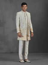 Beige and gold silk jacquard Indowestern set with intricate embellishments