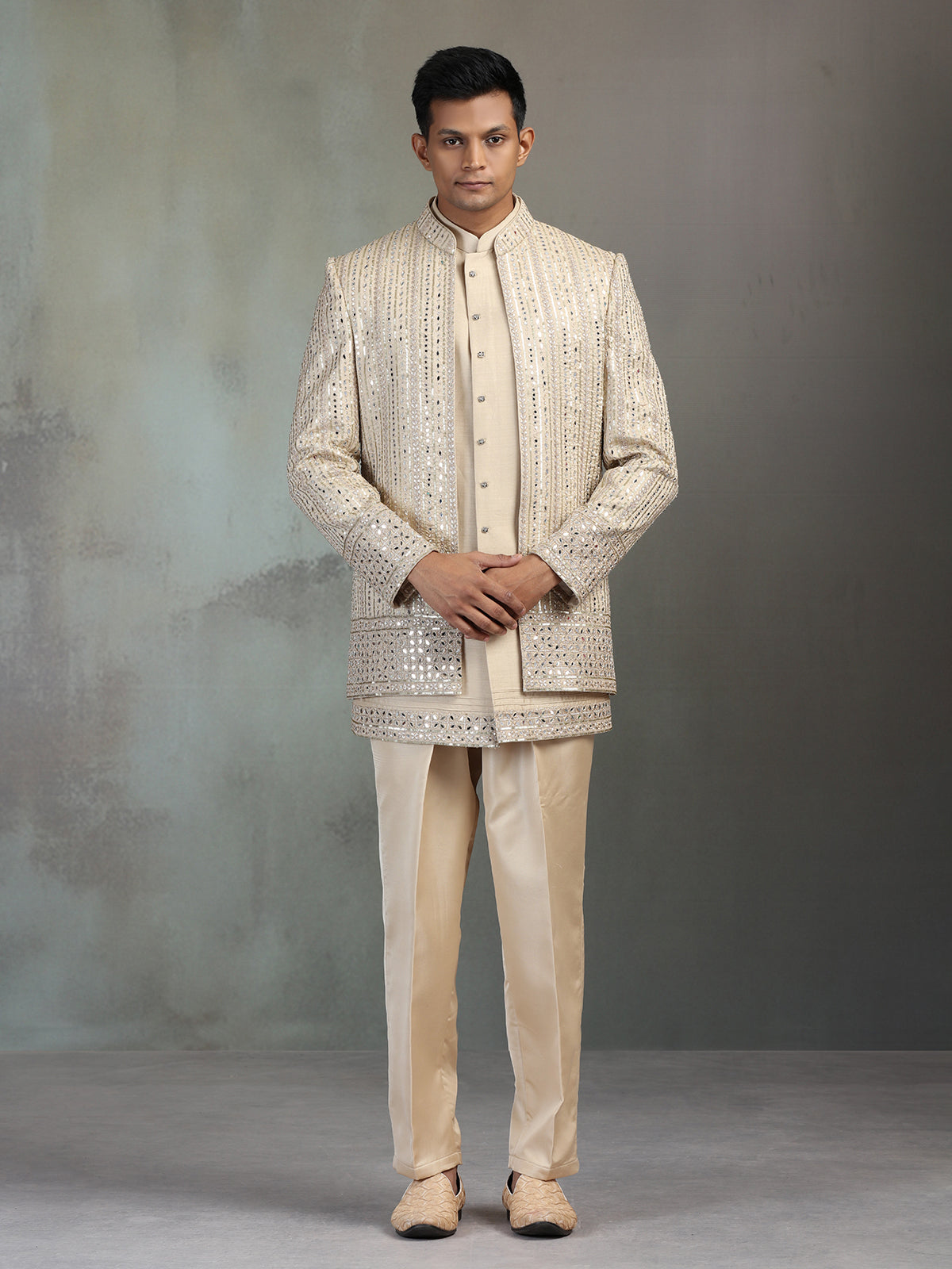 Gold mirror worked silk blend Indowestern set for men