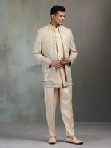 Gold mirror worked silk blend Indowestern set for men