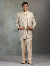 Gold mirror worked silk blend Indowestern set for men