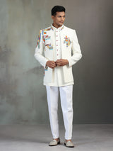 Off white terry rayon Indowestern set with multicolor bead detailing