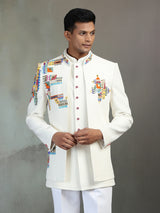 Off white terry rayon Indowestern set with multicolor bead detailing