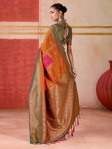 Orange silk saree with bold green border
