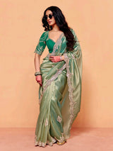 Pastel pista green tissue silk festive wear saree
