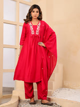 Red silk mirror work festive kurti set with dupatta